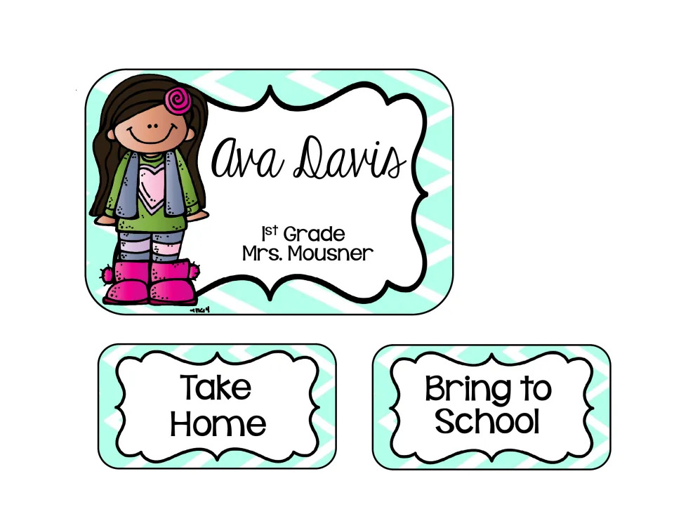 Sample name label for Ava Davis and Mrs. Mousner with a cartoon girl, plus Take Home and Bring to School folder labels