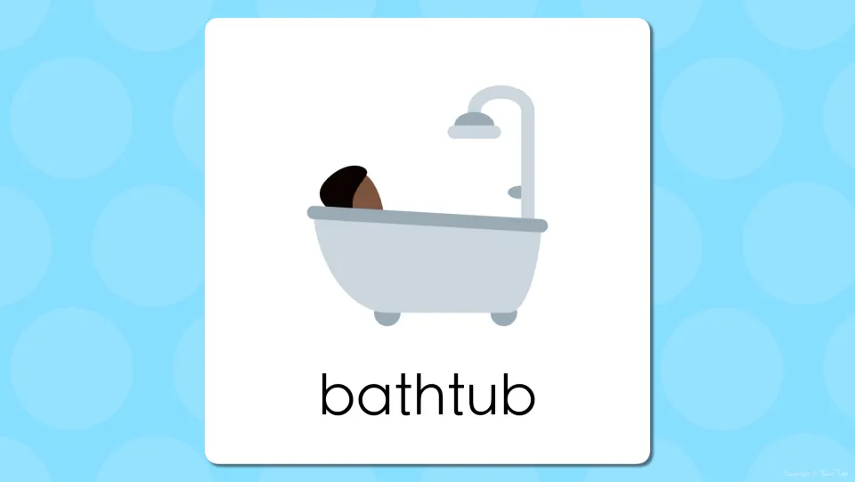 Bathroom vocabulary presentation slide pairing the word 'bathtub' with the preceding bathtub picture