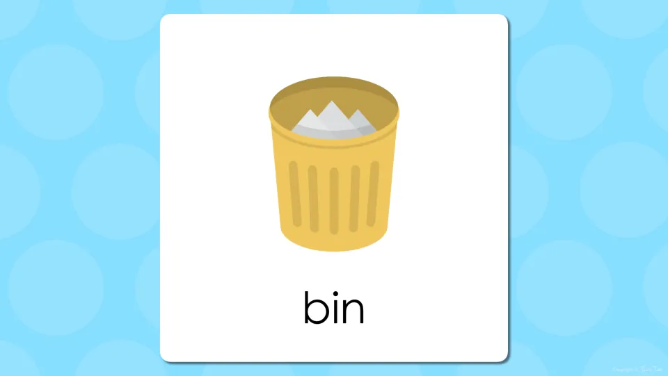 Bathroom vocabulary presentation slide pairing the word 'bin' with the trash bin pictured on the prior slide