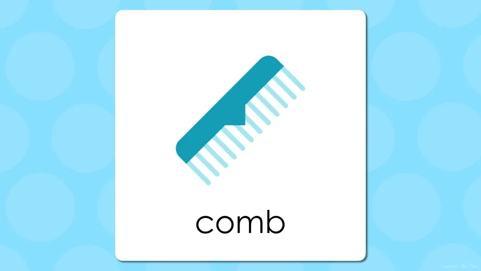 Bathroom vocabulary presentation slide pairing the word 'comb' with the comb shown on the prior slide