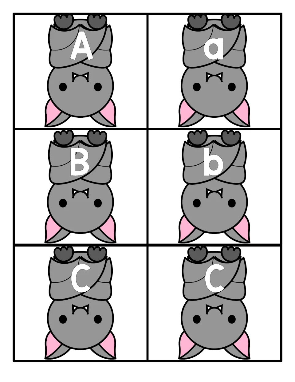 Letters A to C: six upside-down bat cards showing A, a, B, b, C and c for matching each capital to its lowercase letter