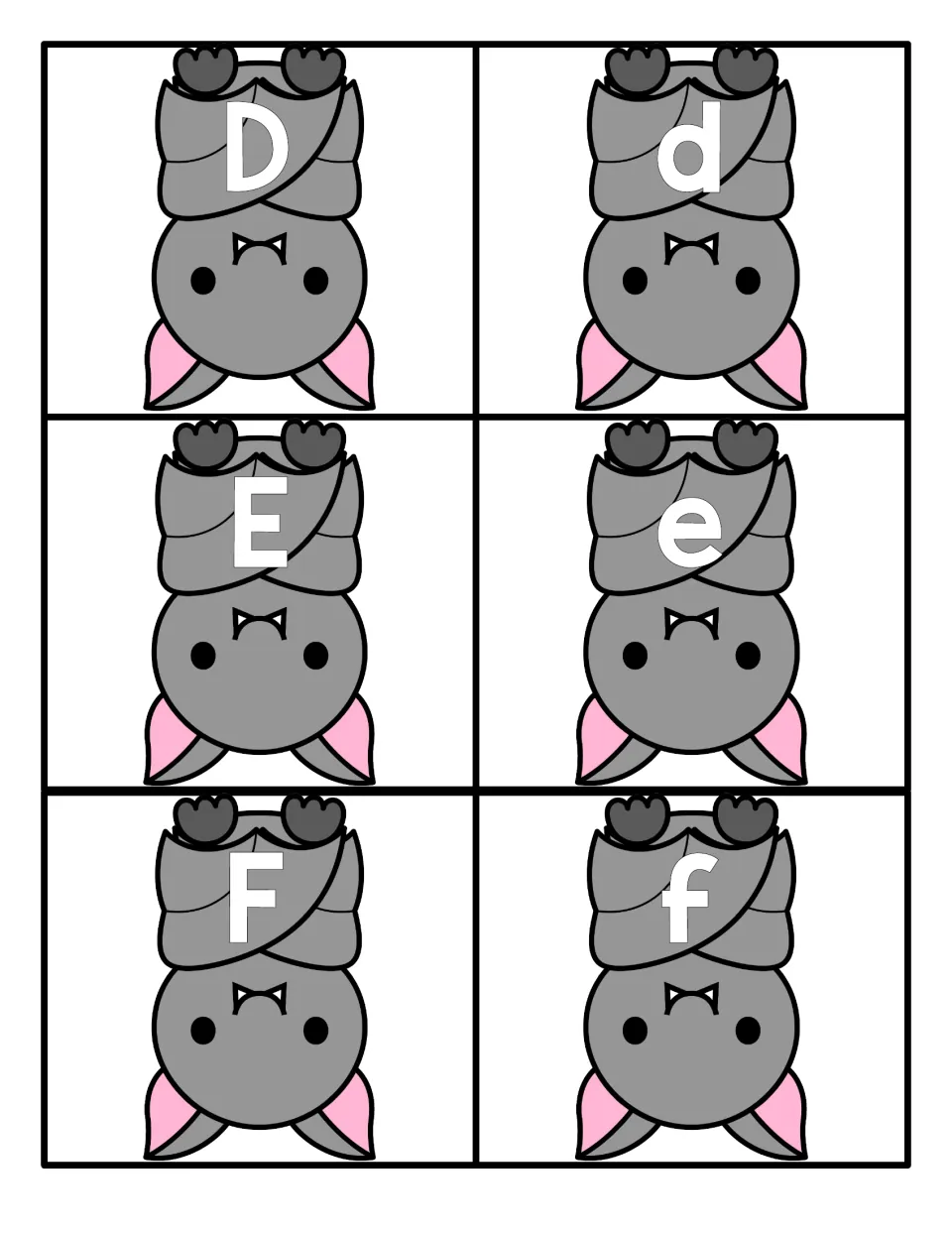 Letters D to F: hanging bat cards printed with D, d, E, e, F and f so children pair uppercase and lowercase letter forms