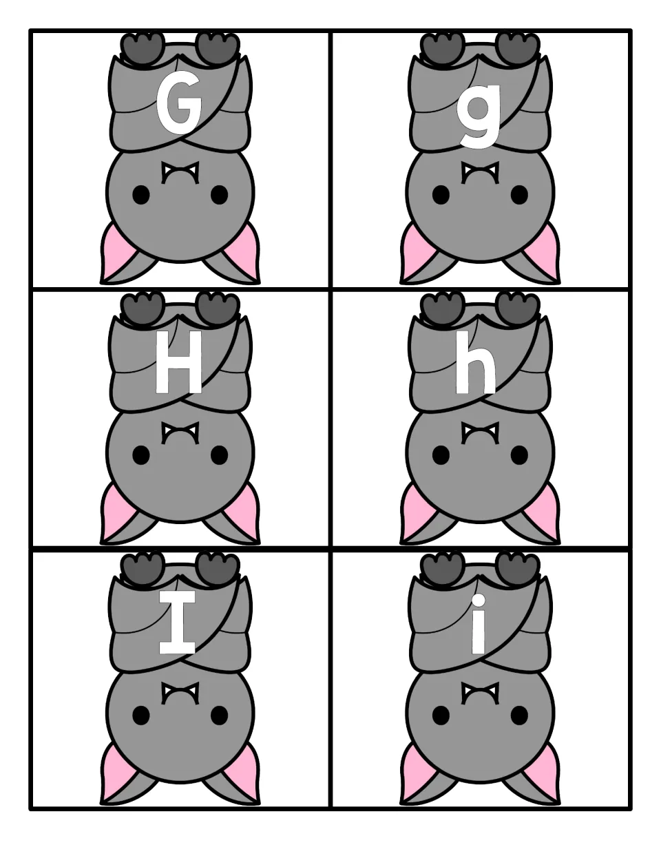 Letters G to I: six sleeping bat cards marked G, g, H, h, I and i for naming letters and matching capital-lowercase pairs