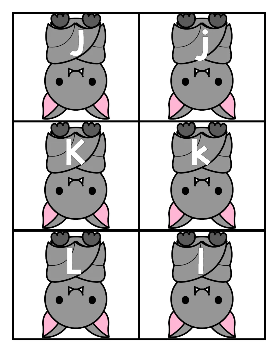 Letters J to L: bat cards with J, j, K, k, L and l for letter recognition and pairing each capital with its lowercase