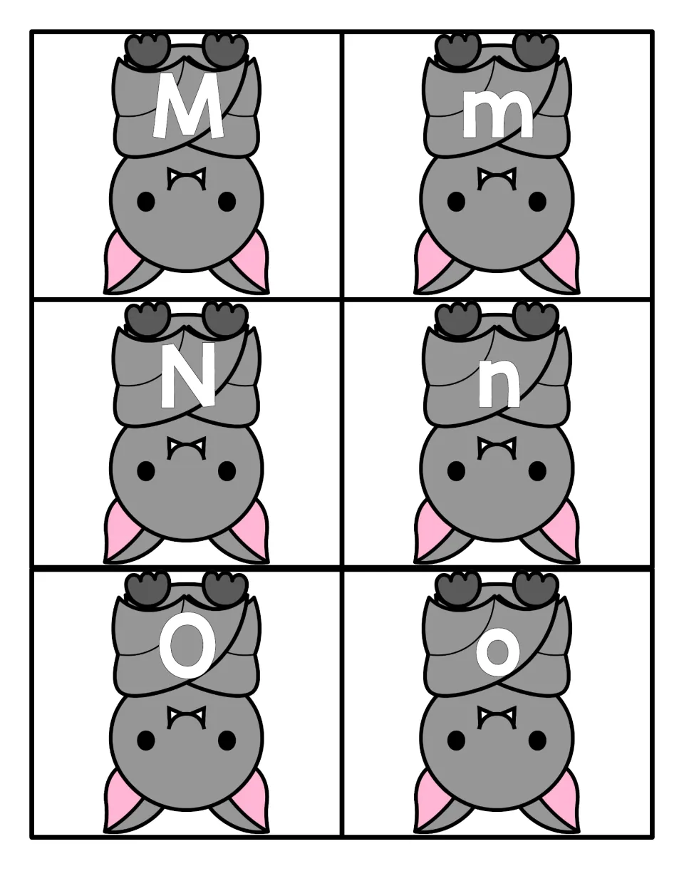 Letters M to O: six upside-down bat cards showing M, m, N, n, O and o for identifying letters and matching case pairs