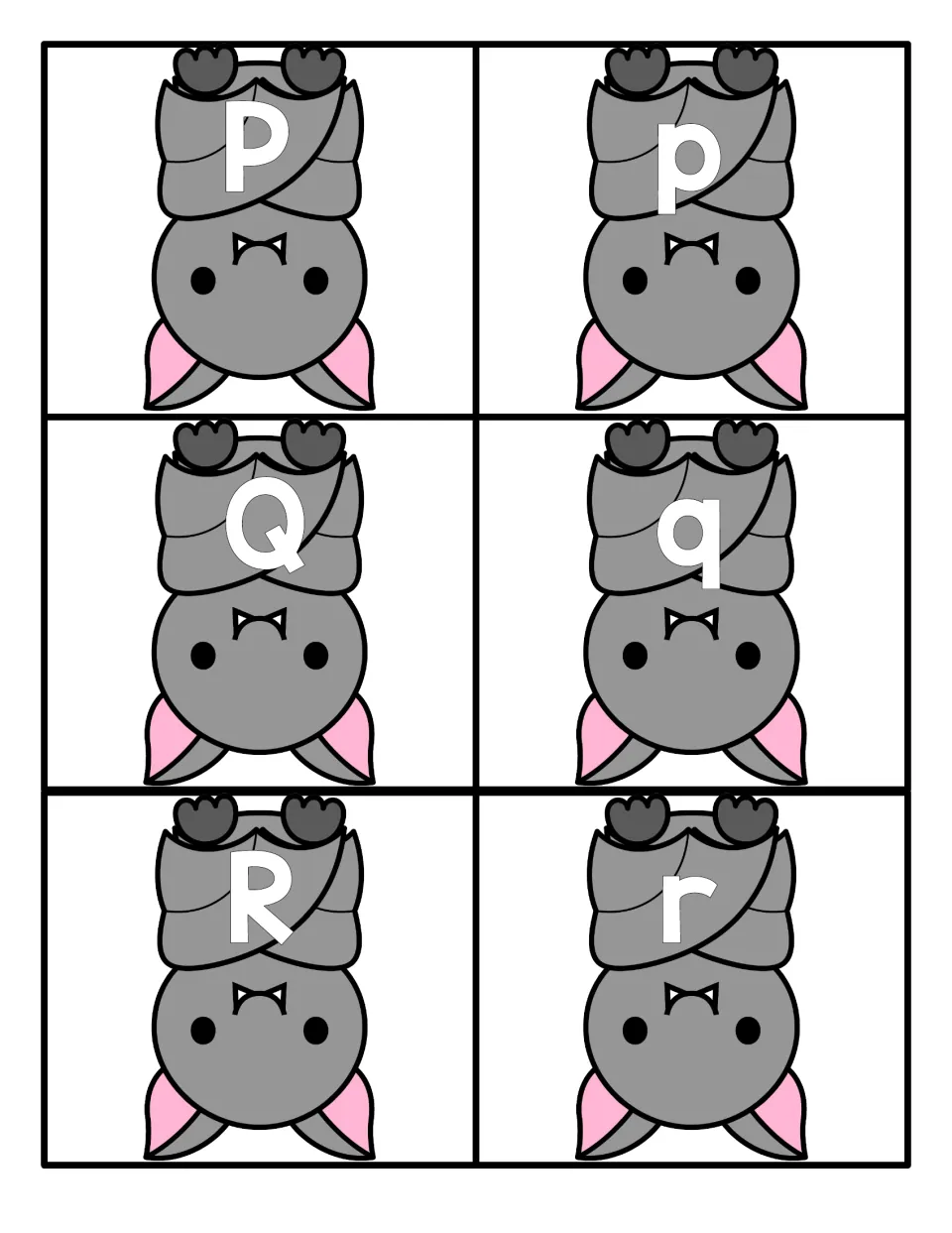 Letters P to R: bat cards printed with P, p, Q, q, R and r so children name each letter and find its matching case