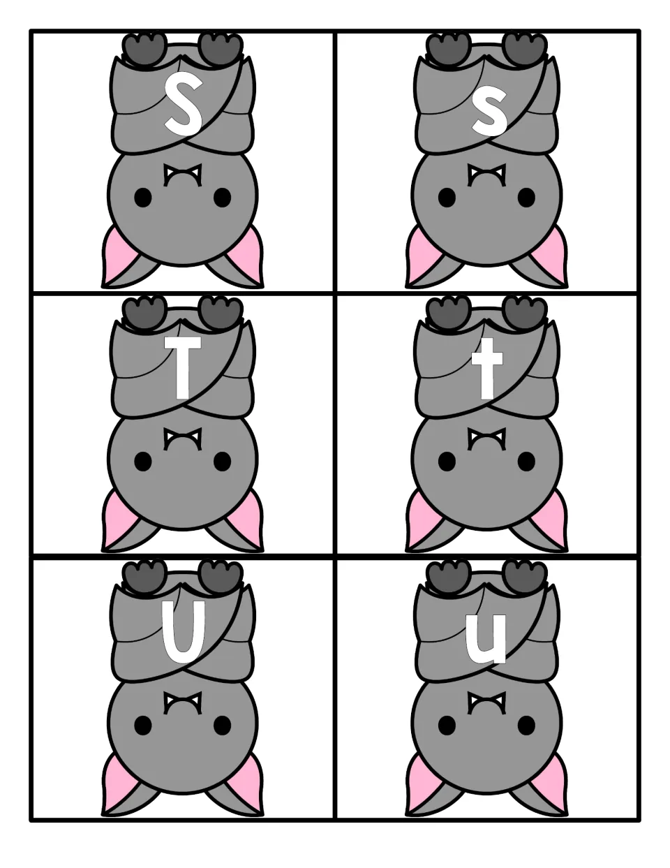 Letters S to U: six hanging bat cards with S, s, T, t, U and u for practising letter names and case matching