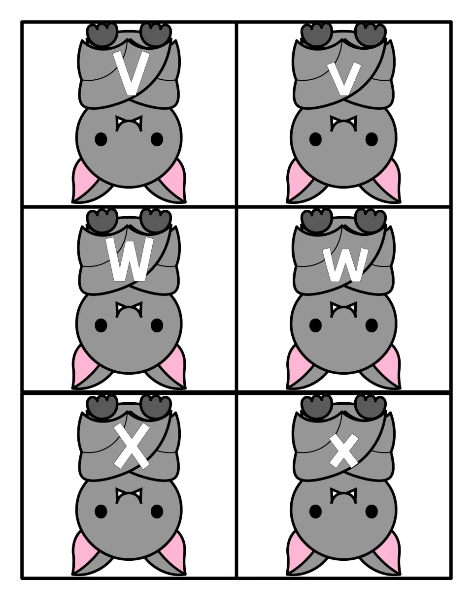Letters V to X: bat cards showing V, v, W, w, X and x for recognizing letters and pairing each capital with its lowercase