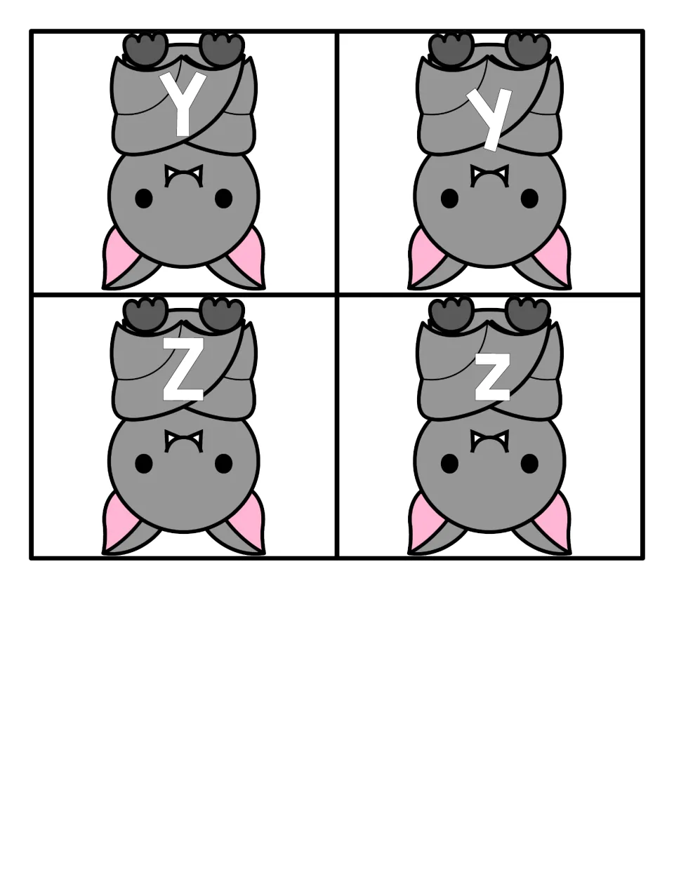 Letters Y and Z: final four bat cards showing Y, y, Z and z to finish the set for matching capital and lowercase letters