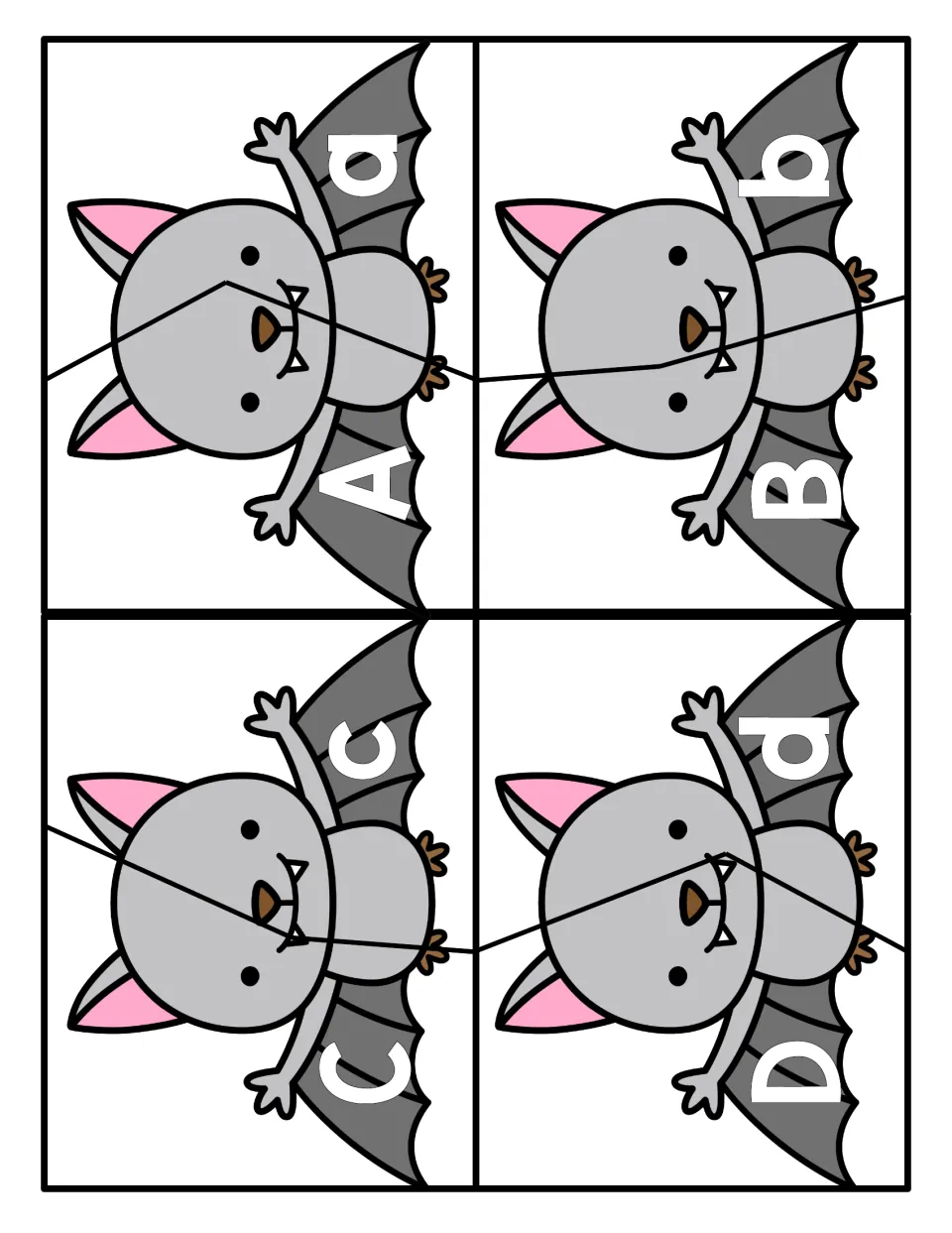 Letter matching A to D: four bat cards, each split by a zigzag cut into an uppercase half and its lowercase partner
