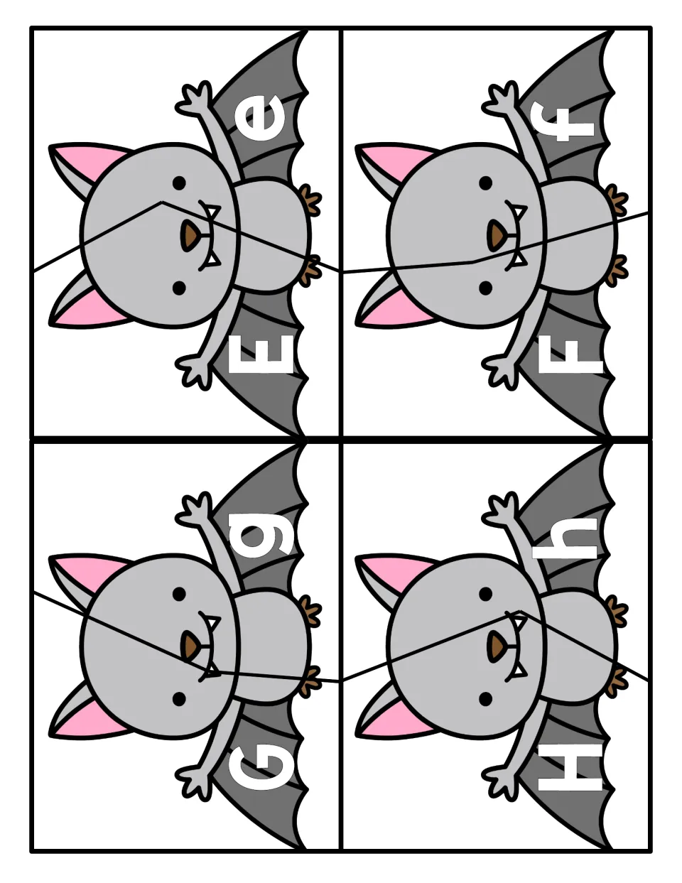 Uppercase and lowercase E, F, G and H on bat cards; children cut each card on the zigzag, then join the two halves