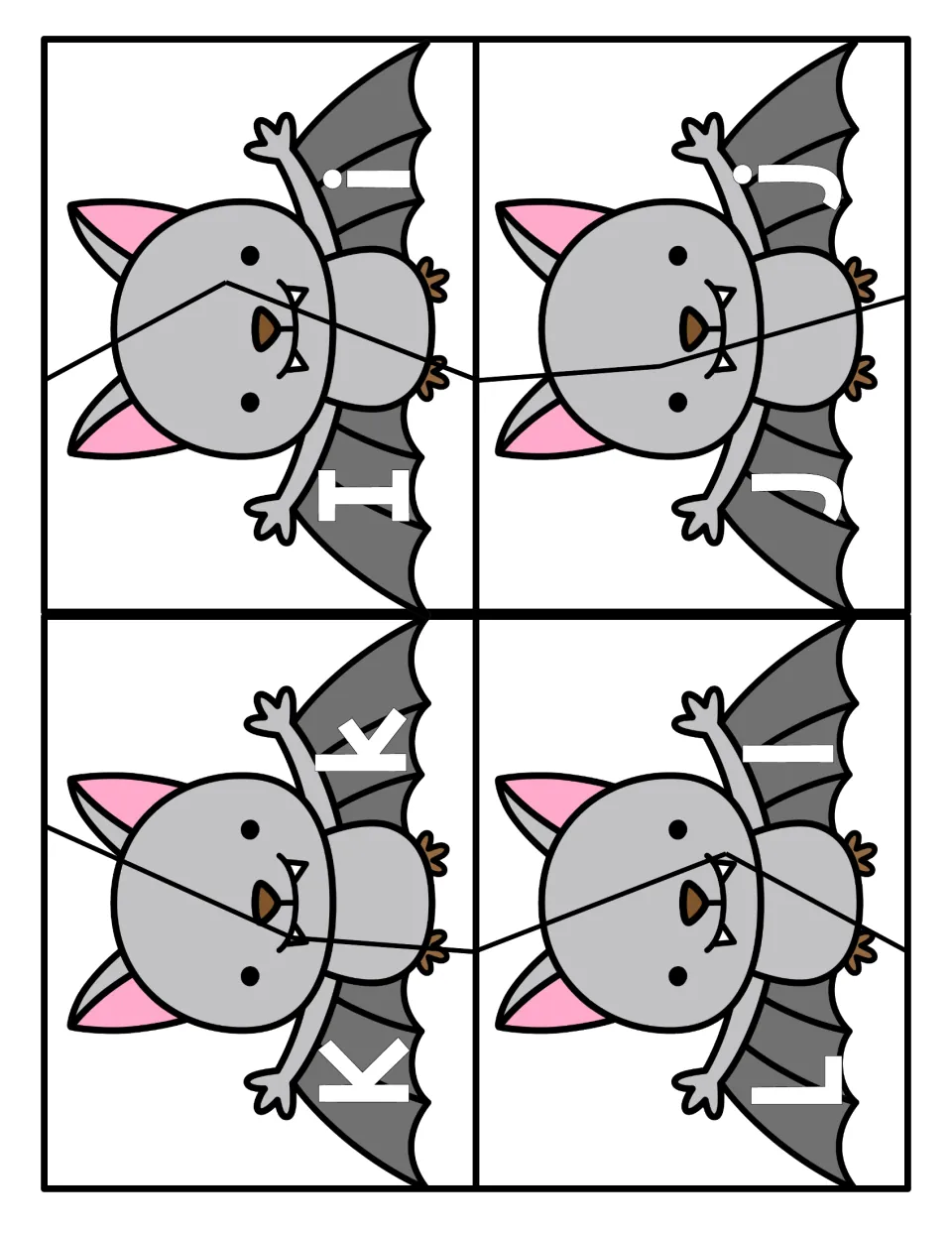 Bat puzzles for I, J, K and L: students match each capital letter half to its lowercase half to rebuild the bat