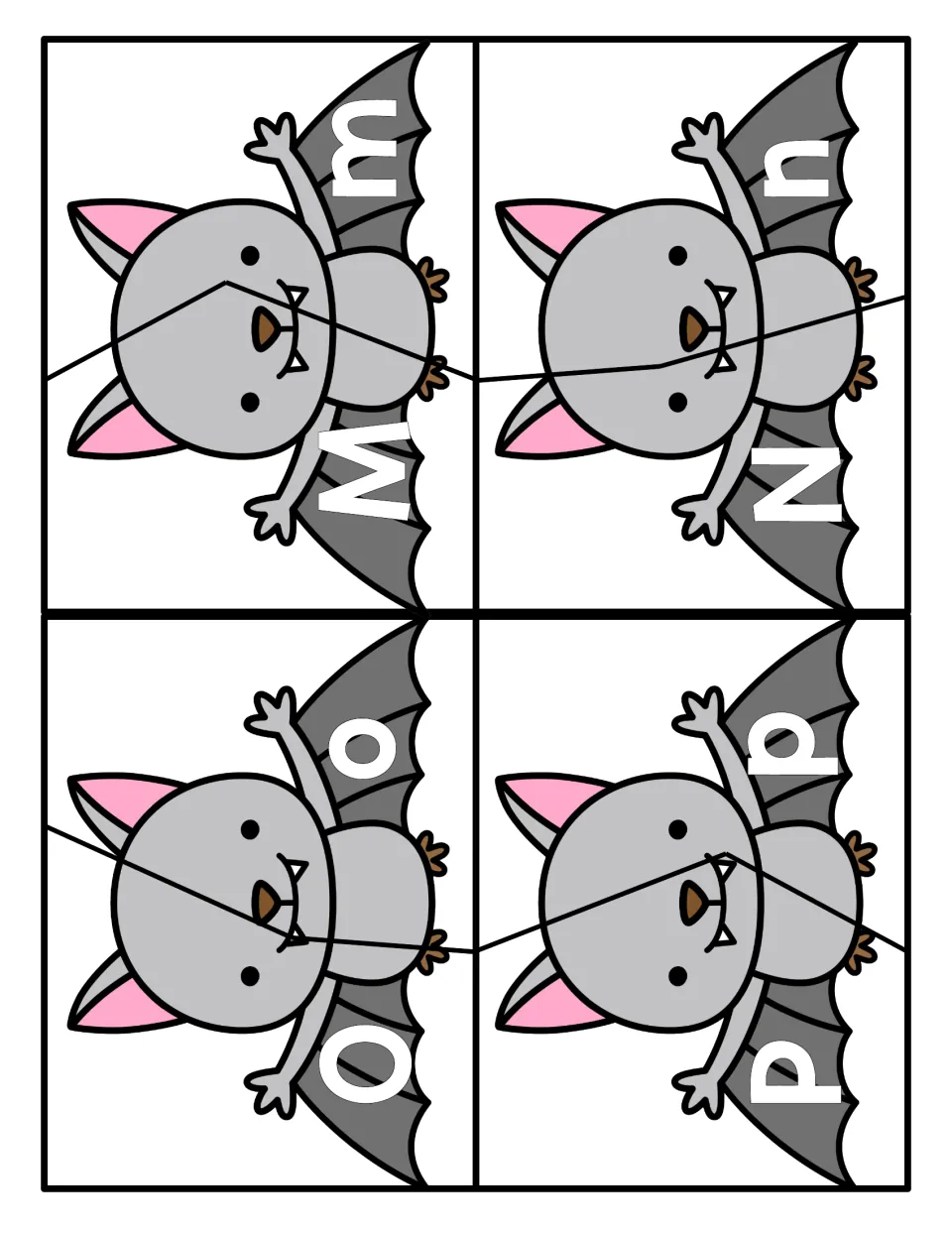 Letters M, N, O and P: four two-piece bat puzzles pairing each uppercase letter with its lowercase form to match