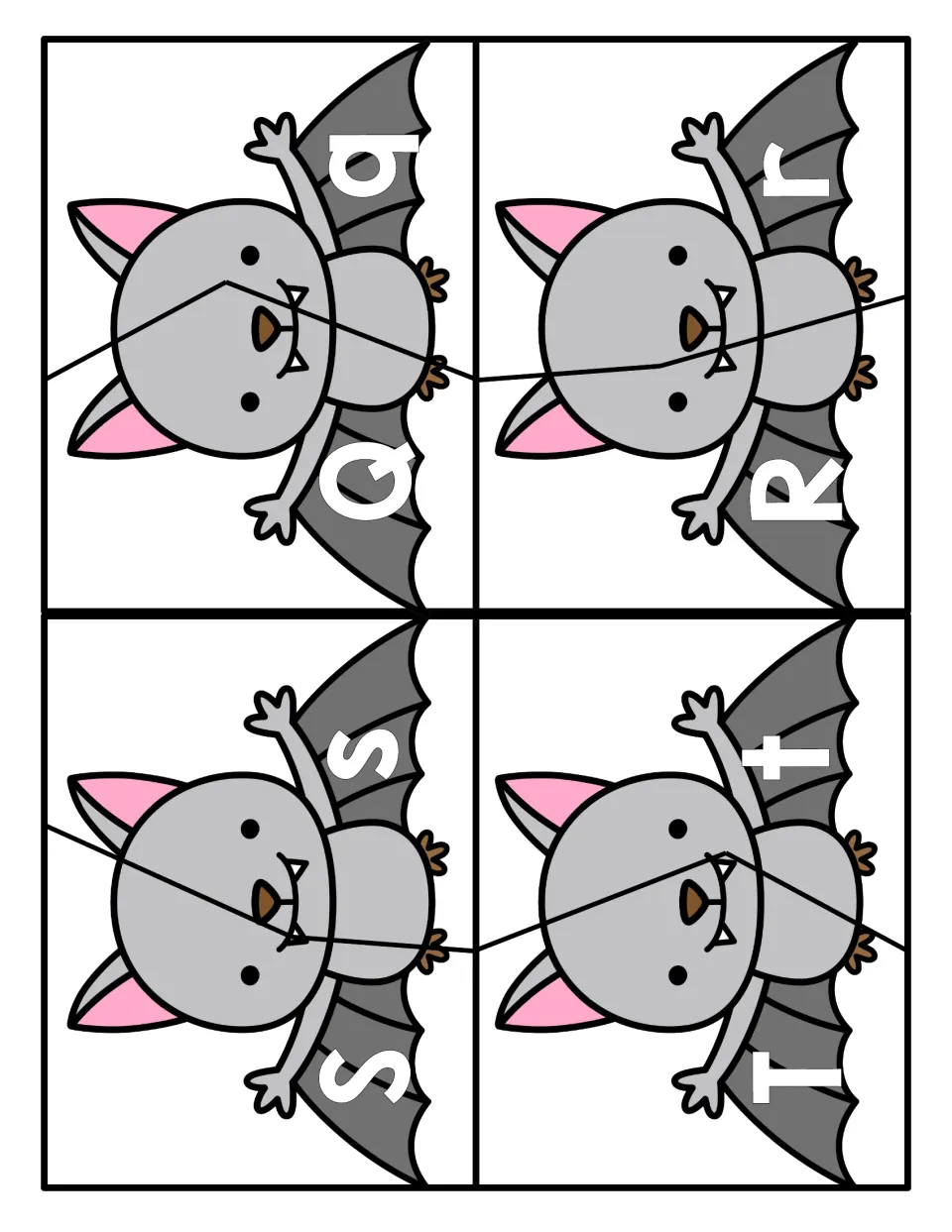 Q, R, S and T letter matching: bat cards cut in two, one half showing the capital and the other the small letter