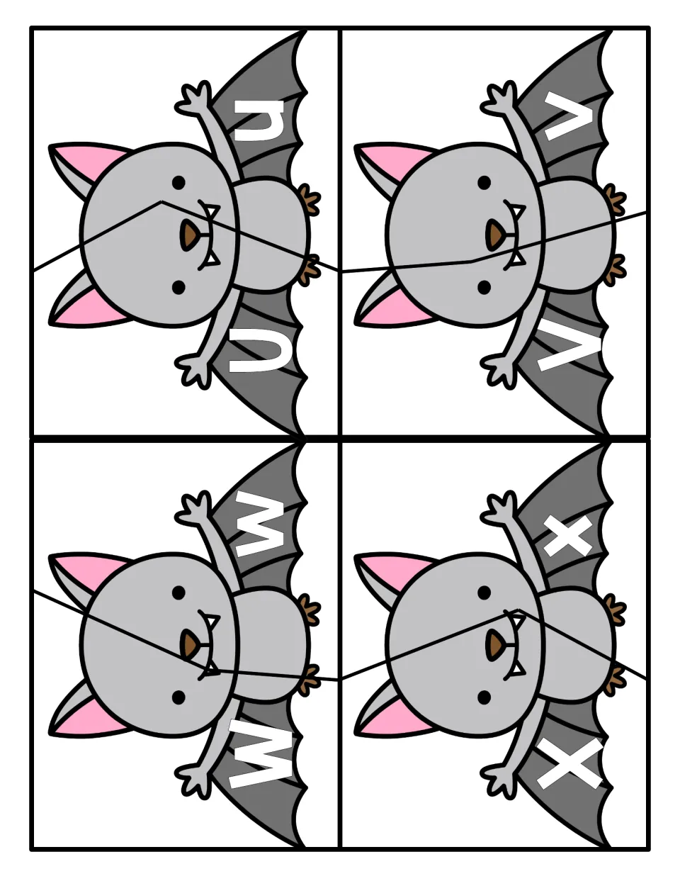 Matching U, V, W and X: students cut four bat cards along zigzag lines and pair each uppercase with its lowercase