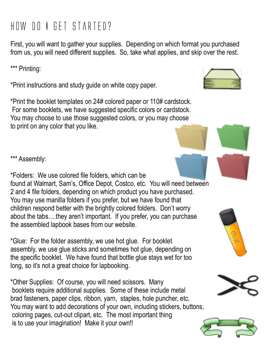 Lapbook supply guide covers printing paper, cardstock, file folders, glue, scissors, and extra supplies