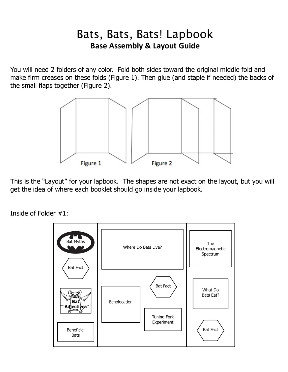 Lapbook assembly directions show how to join two folders and place bat topic booklets inside Folder 1