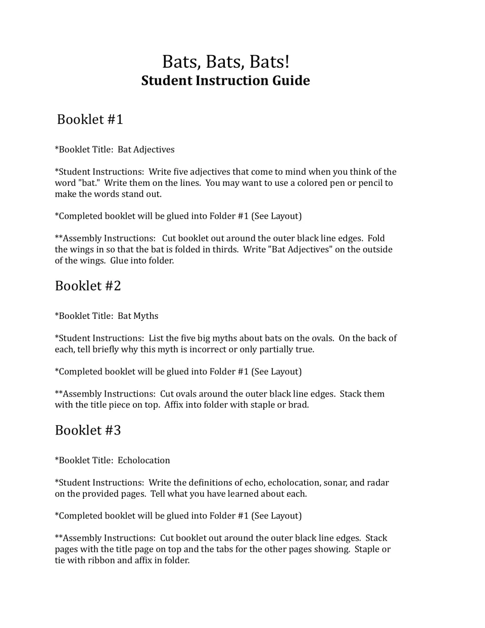 Student directions for booklets 1–3 cover five bat adjectives, five bat myths, and echolocation definitions
