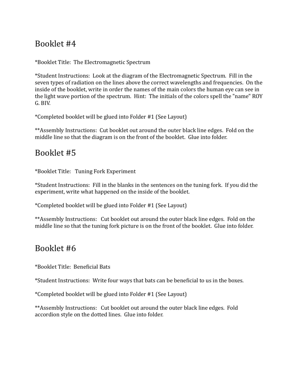 Student directions for booklets 4–6 cover the electromagnetic spectrum, a tuning fork experiment, and bat benefits