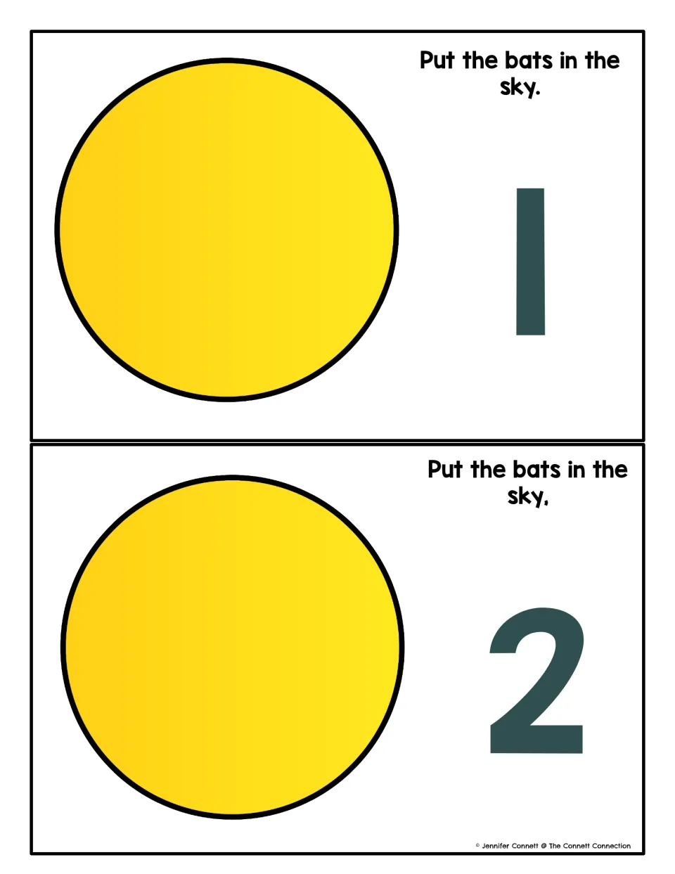 Counting to 1 and 2: two mats reading Put the bats in the sky, each with a big yellow circle and the numeral 1 or 2