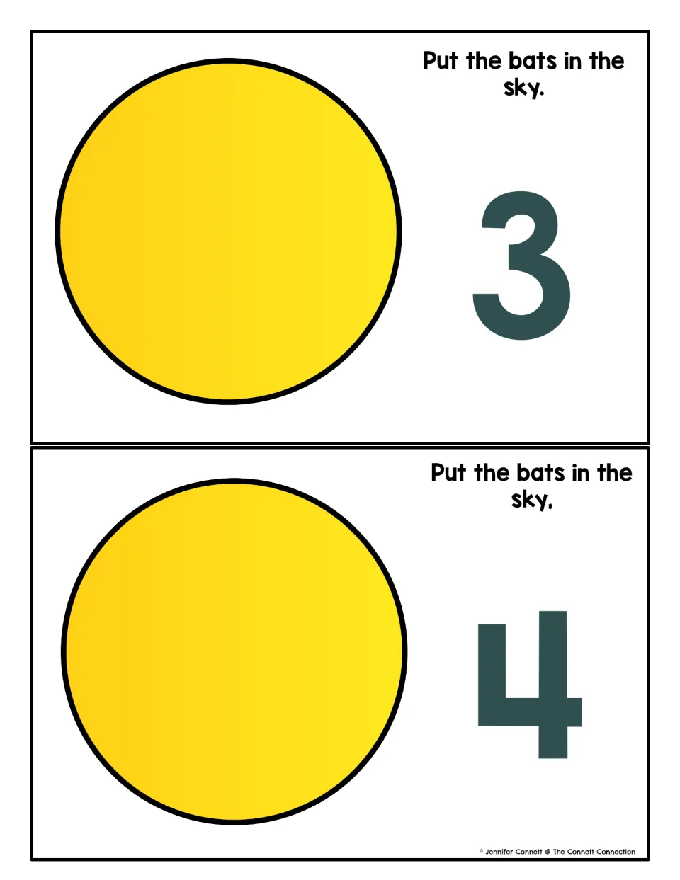 Counting to 3 and 4: students place 3 or 4 bats in the sky on mats showing a large yellow circle beside each numeral