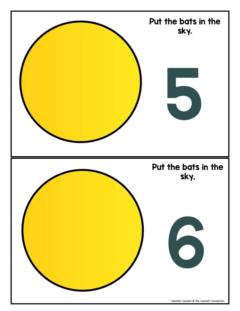 Numbers 5 and 6: two bat counting mats, each with a yellow circle sky and a bold numeral telling students how many to add