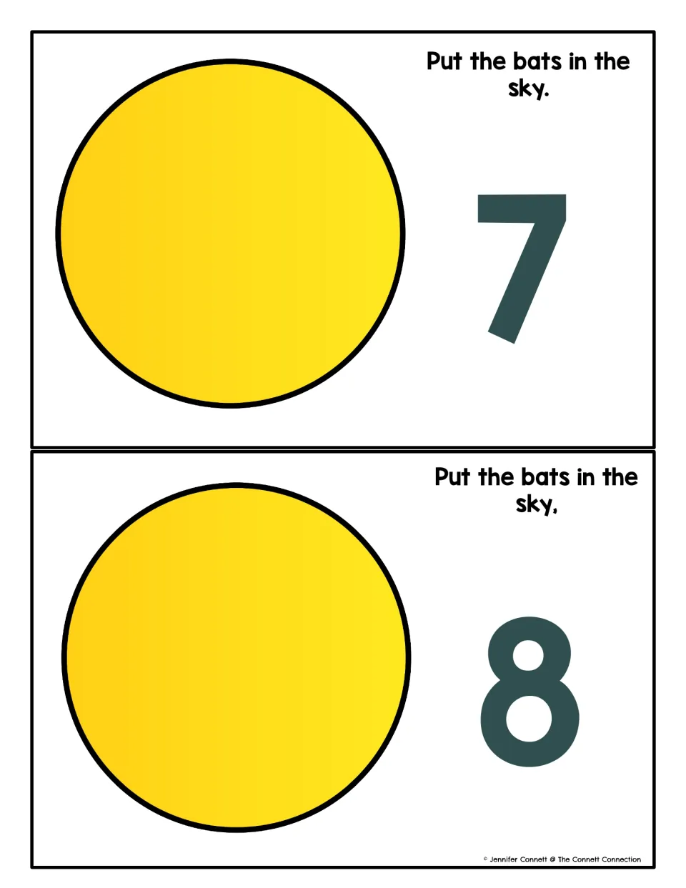 Numbers 7 and 8: Put the bats in the sky mats where children count out 7 or 8 bats around a large yellow circle