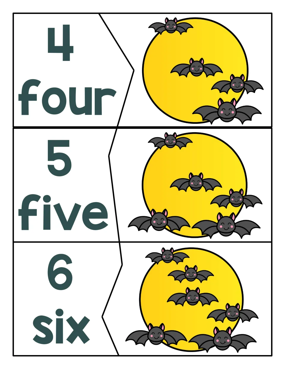 Counting puzzles for 4, 5 and 6: kids count the bats on each moon and join it to the matching numeral and number word