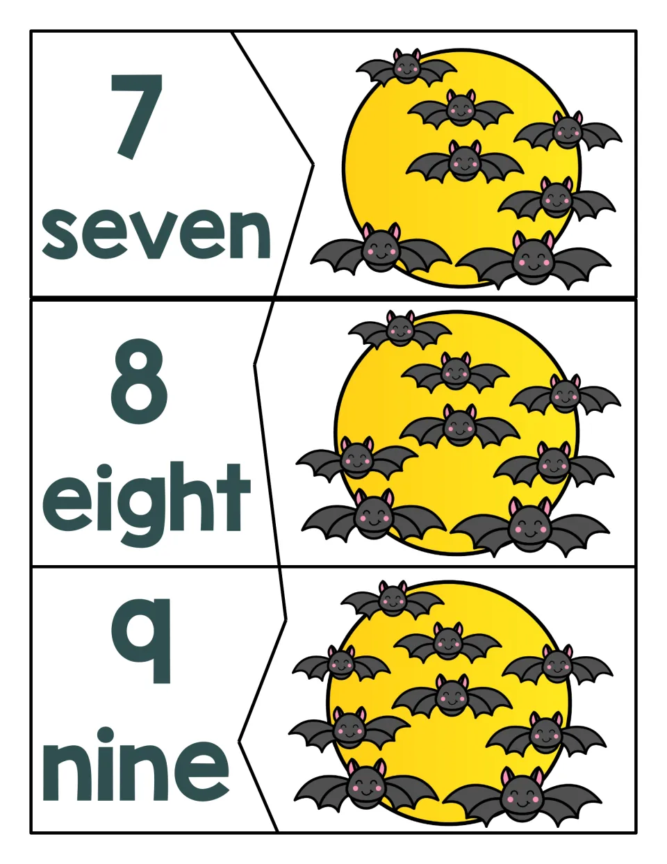 Puzzles for 7, 8 and 9: children count up to nine bats on a full moon and pair each set with its numeral and number word