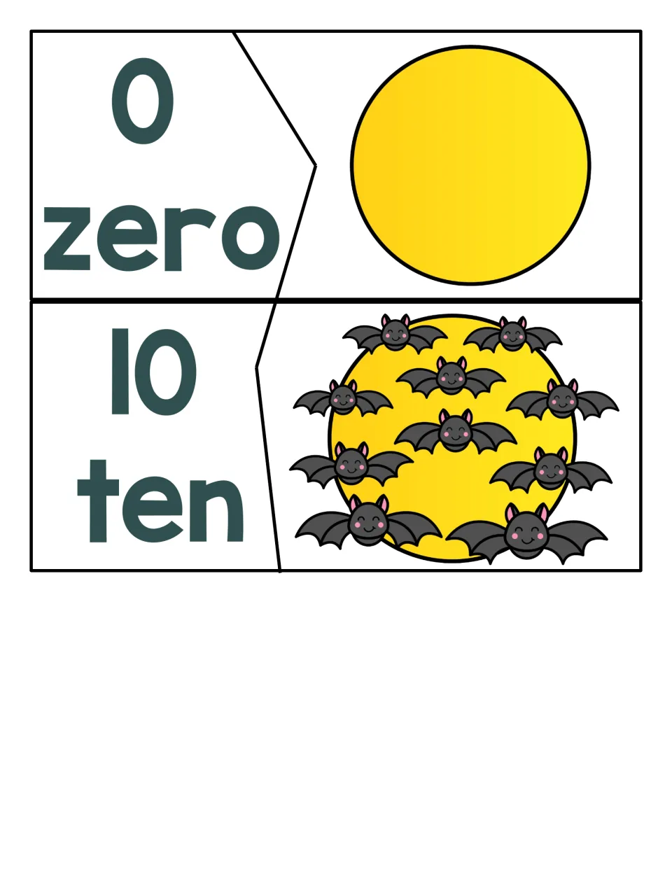 Zero and 10 puzzles: students match an empty moon to 0 zero and a moon with ten bats to 10 ten by counting