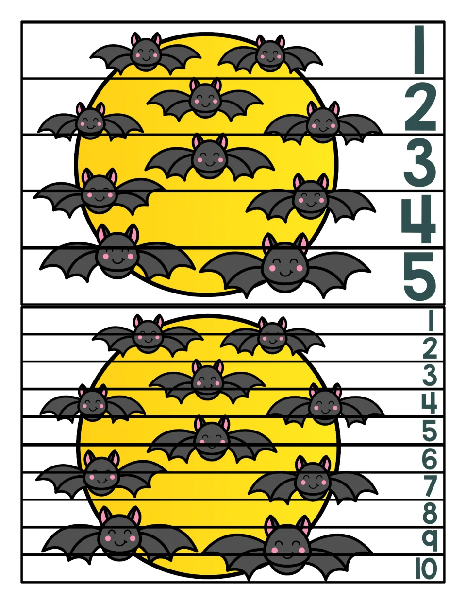 Number-order strip puzzles: students put strips numbered 1 to 5 and 1 to 10 in sequence to rebuild a bat and moon picture