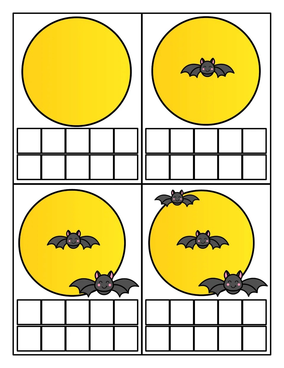 Bat counting task cards for 0 to 3: students count the bats flying past a yellow moon and fill in the ten frame below