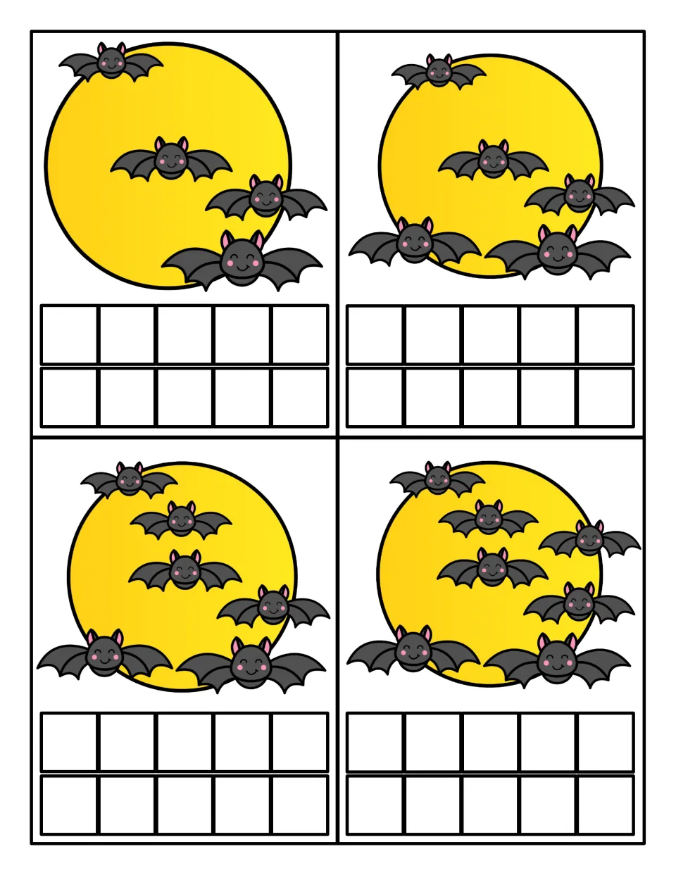 Bat counting task cards for 4 to 7: students count the bats on each moon scene and show the same amount in a ten frame