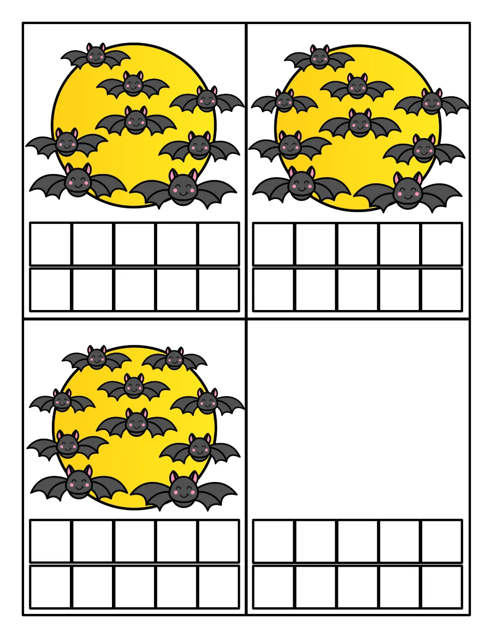 Bat counting task cards for 8, 9 and 10 bats on the moon, each with a ten frame to fill, plus one card with no moon scene