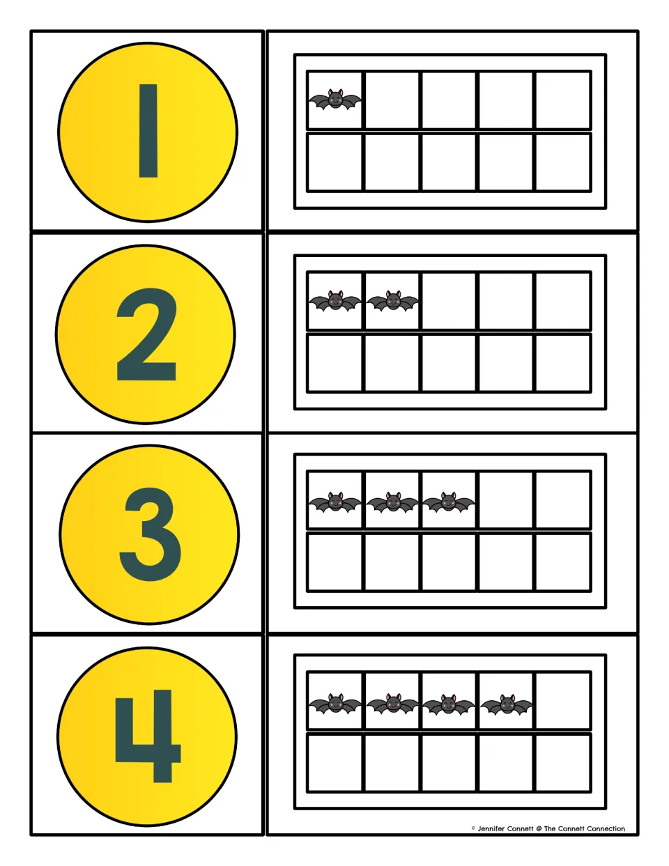 Numeral and ten frame matching cards for 1 to 4: each yellow number circle pairs with a ten frame showing that many bats