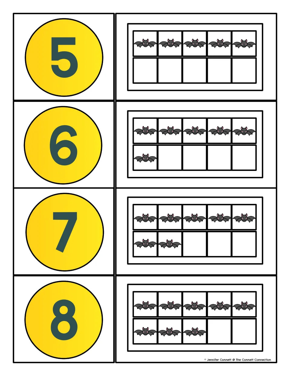 Number matching cards for 5 to 8: students match each numeral to the ten frame filled with the same number of bat pictures