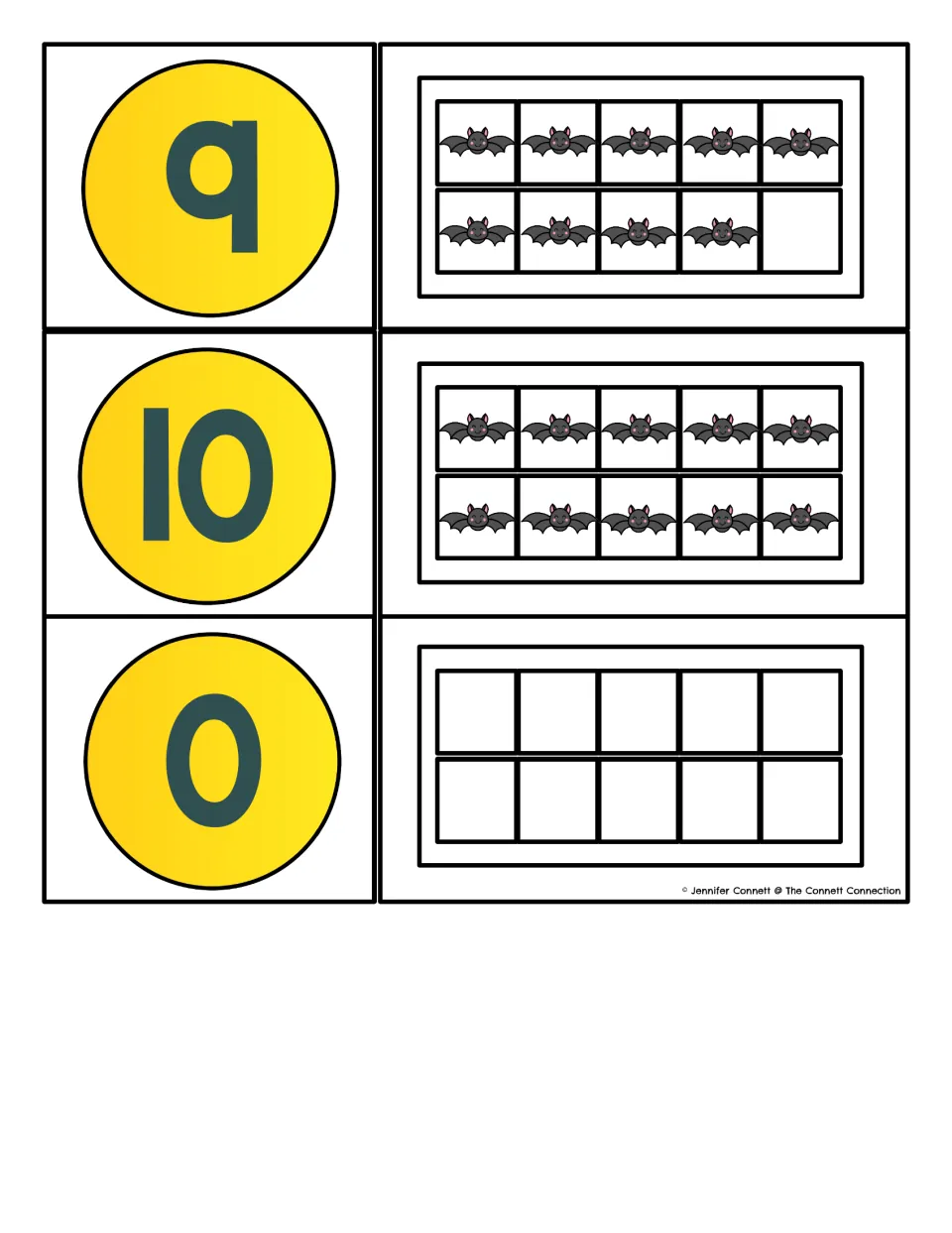 Number matching cards for 9, 10 and 0: numerals paired with ten frames showing nine bats, ten bats and an empty frame