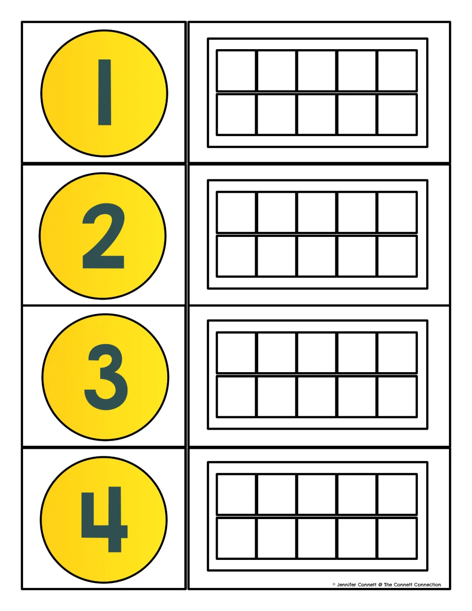 Build-the-number cards for 1 to 4: each numeral in a yellow circle sits beside an empty ten frame for students to fill