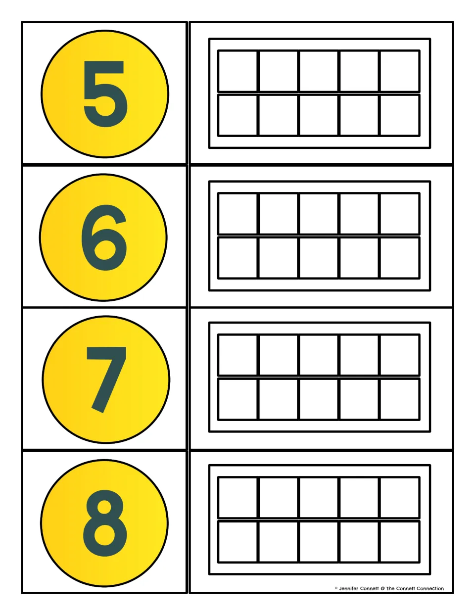 Build-the-number cards for 5 to 8: students read each numeral and fill the blank ten frame with that many counters