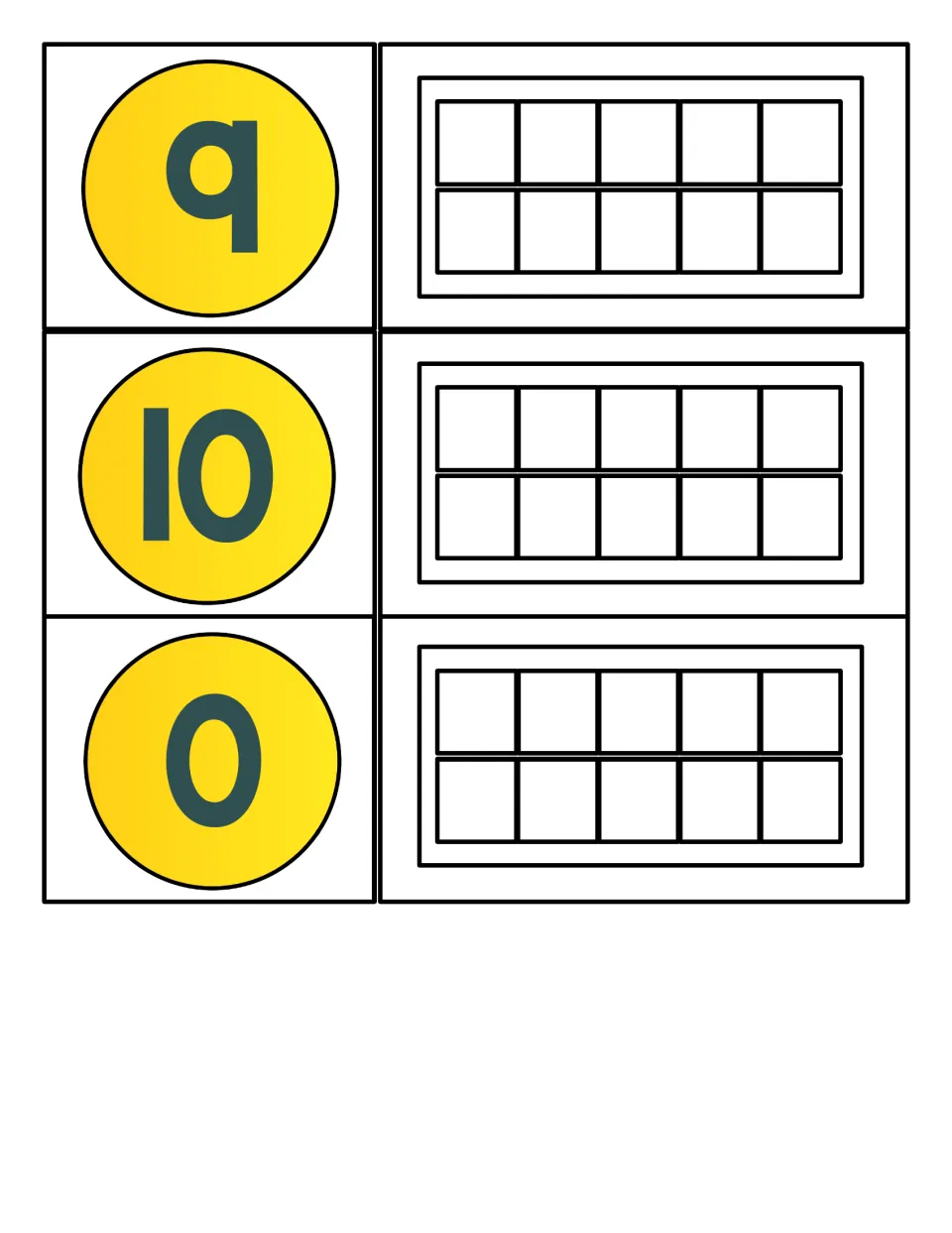 Build-the-number cards for 9, 10 and 0: students show each numeral by filling, or leaving empty, the ten frame beside it