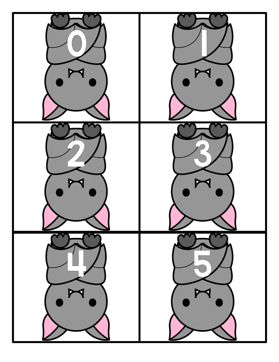Number recognition cards 0 to 5: students name the numeral on each of six upside-down hanging bat cards