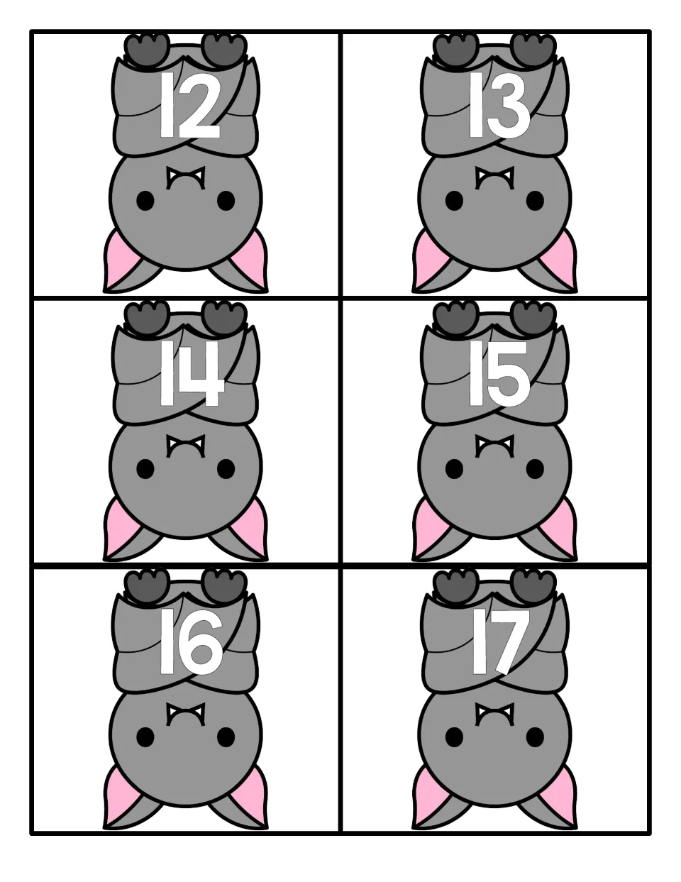 Teen numeral cards 12 to 17: each upside-down bat card shows one two-digit number for teen number recognition