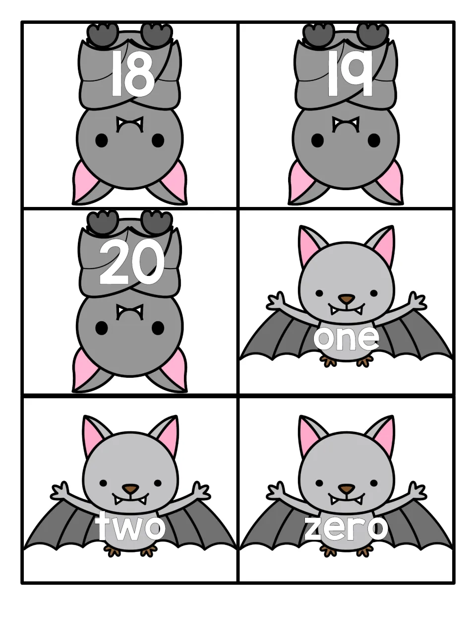 Numerals 18, 19 and 20 on hanging bats, plus the first number word cards: one, two and zero on bats with open wings