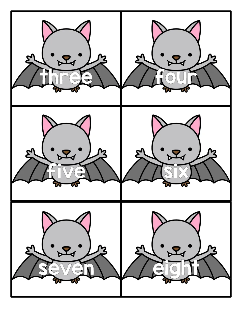 Number word cards three to eight: flying bats each labeled with one written number word to read and match to its numeral