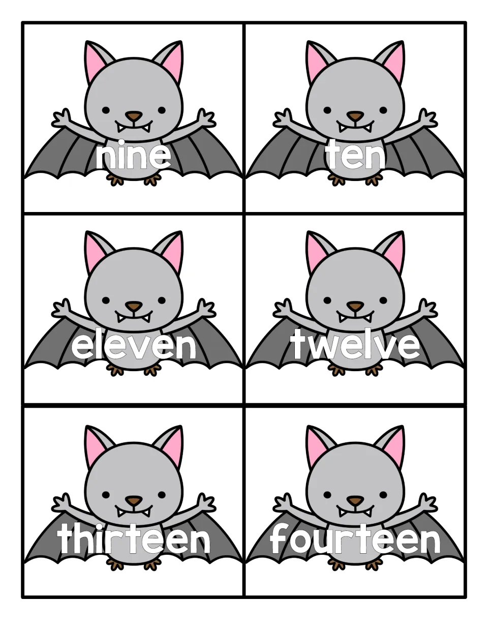 Number word cards nine to fourteen: students read nine, ten, eleven, twelve, thirteen and fourteen on flying bats