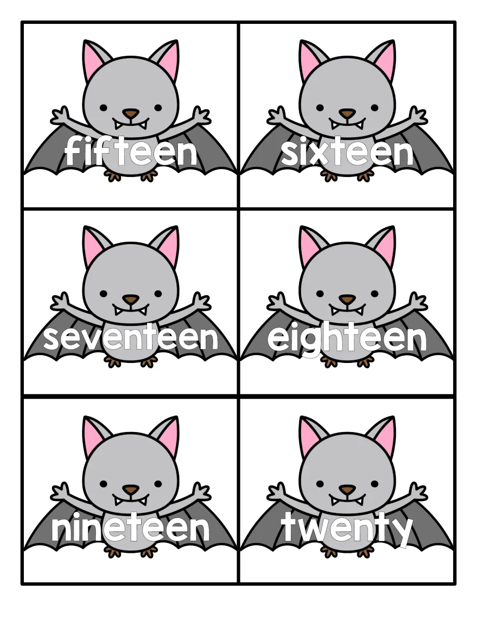 Number words fifteen to twenty on flying bat cards, completing the word set so students can match every word to a numeral