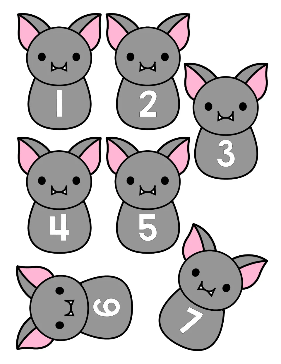 Bat number puzzle cut-out pieces: seven gray bat bodies labeled with numerals 1 to 7 for students to match to wing pieces