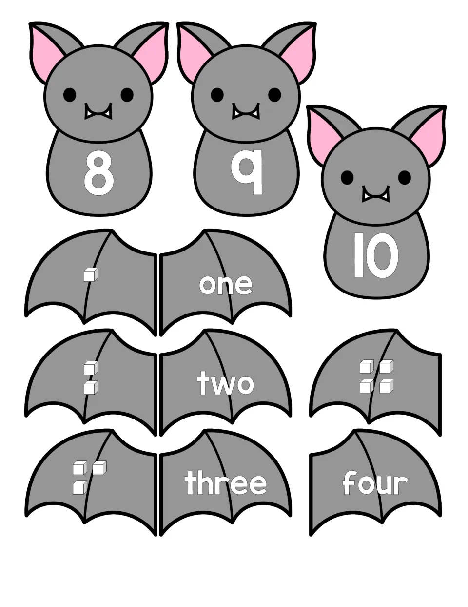 Cut-out pieces: bat bodies for 8, 9 and 10 plus wings showing 1 to 4 cubes and number words one to four to count and match