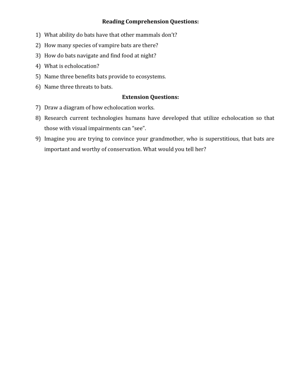 Six bat comprehension questions and three extensions on echolocation diagrams, research, and conservation
