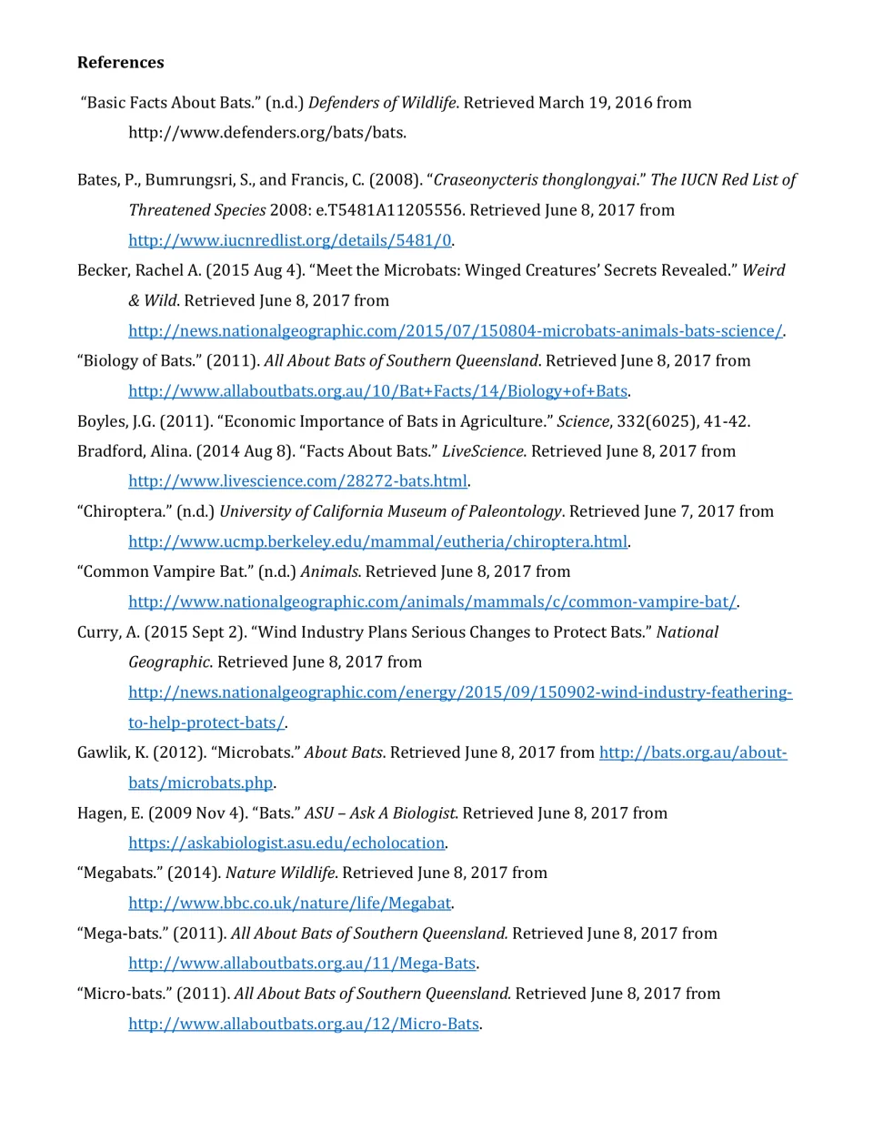 First reference page for the bat article, listing sources on bat biology, agriculture, and echolocation